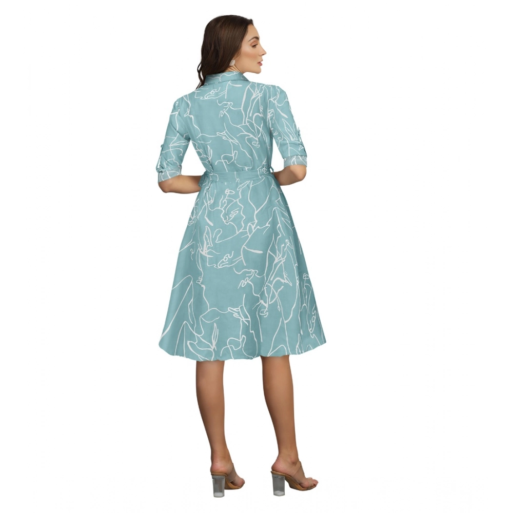 Generic Women's Ruby Cotton Printed Shirt Collar 3-4th Sleeve Dress (Pista) - Image 2