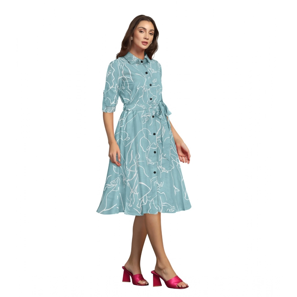 Generic Women's Ruby Cotton Printed Shirt Collar 3-4th Sleeve Dress (Pista) - Image 3