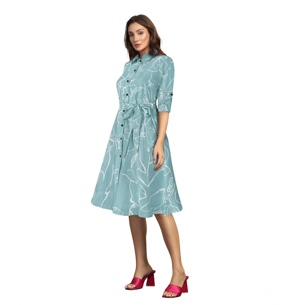 Generic Women's Ruby Cotton Printed Shirt Collar 3-4th Sleeve Dress (Pista) - Image 5