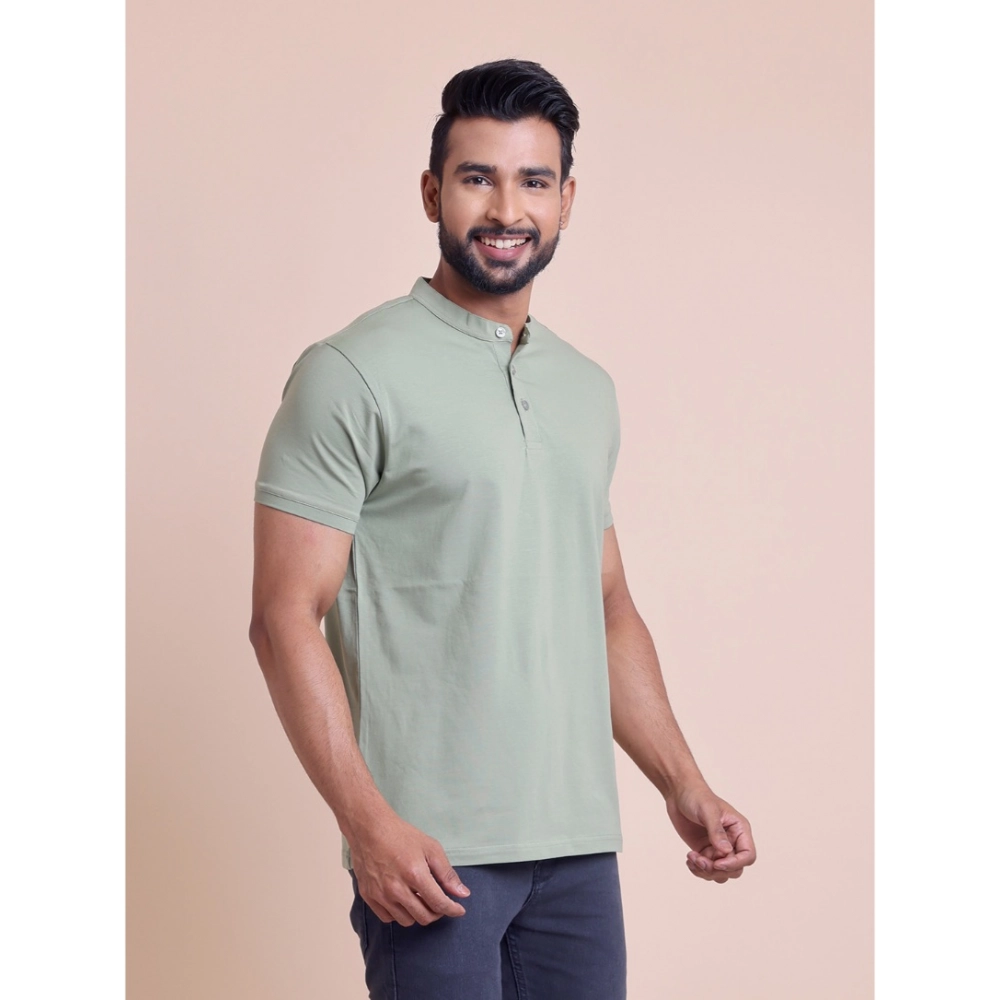Generic Men's Casual Cotton Solid Half Sleeve Mandarin Collar T-Shirt (Newsage) - Image 3