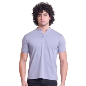 Generic Men's Casual Cotton Solid Half Sleeve Mandarin Collar T-Shirt (Teegrey)