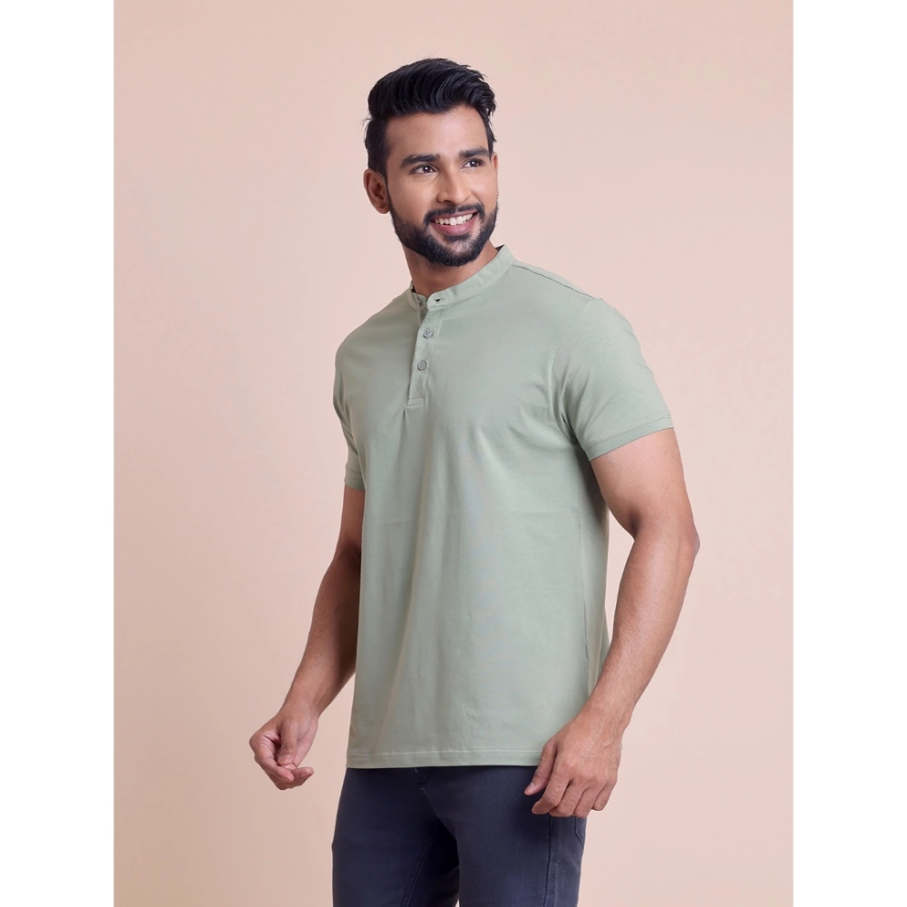 Generic Men's Casual Cotton Solid Half Sleeve Mandarin Collar T-Shirt (Newsage) - Image 2
