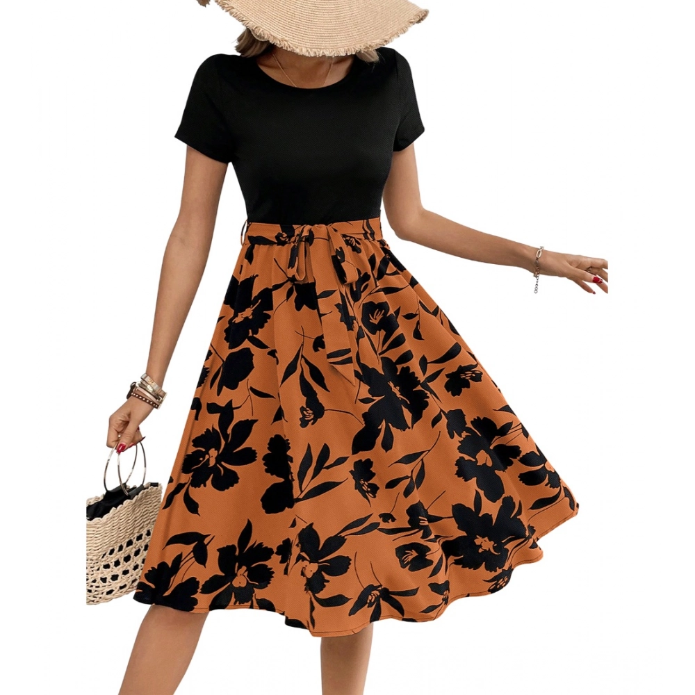 Generic Women's Knitting Printed Round Neck Short Sleeve Dress (Orange) - Image 4