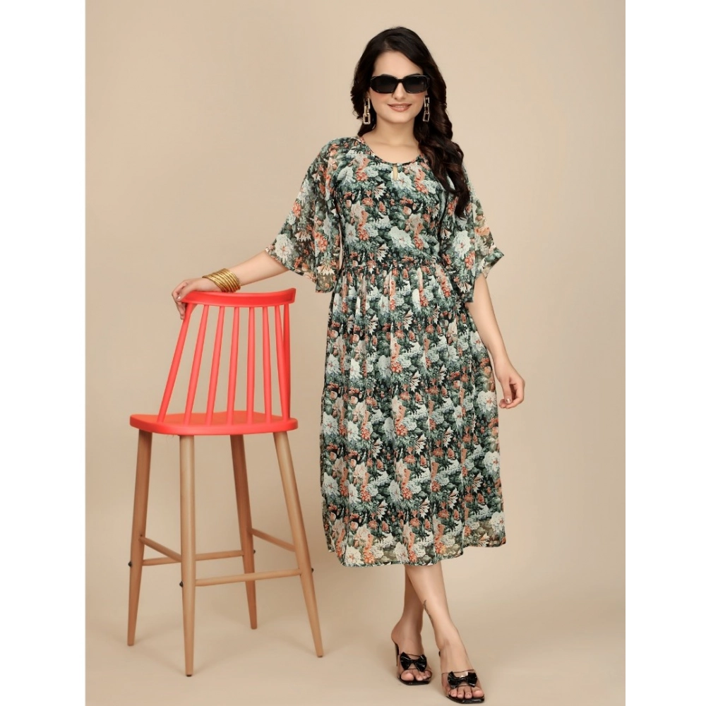 Generic Women's Georgette Printed Round Neck Short Sleeve Dress (Black) - Image 2