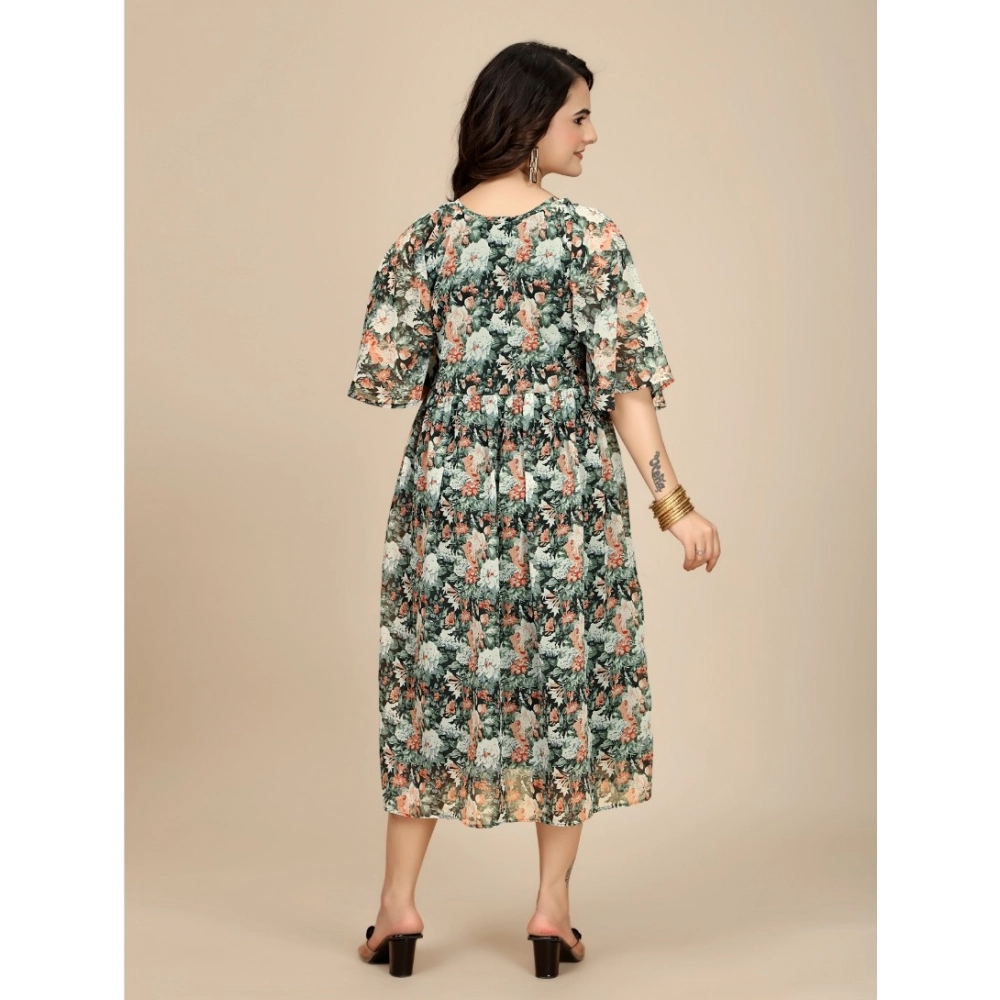 Generic Women's Georgette Printed Round Neck Short Sleeve Dress (Black) - Image 5