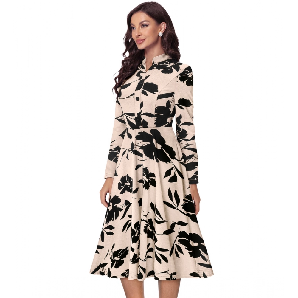 Generic Women's Knitting Printed V-Neck Full Sleeve Dress (Cream) - Image 3