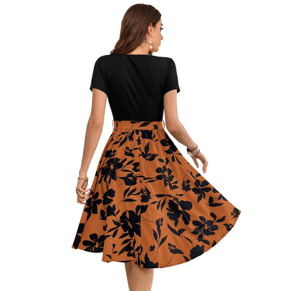 Generic Women's Knitting Printed Round Neck Short Sleeve Dress (Orange) - Image 3