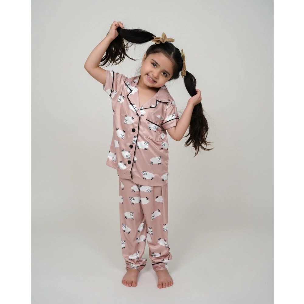 Generic Girl's Silk Bleand Printed Short Sleeve Night Suit Set (Brown) - Image 2