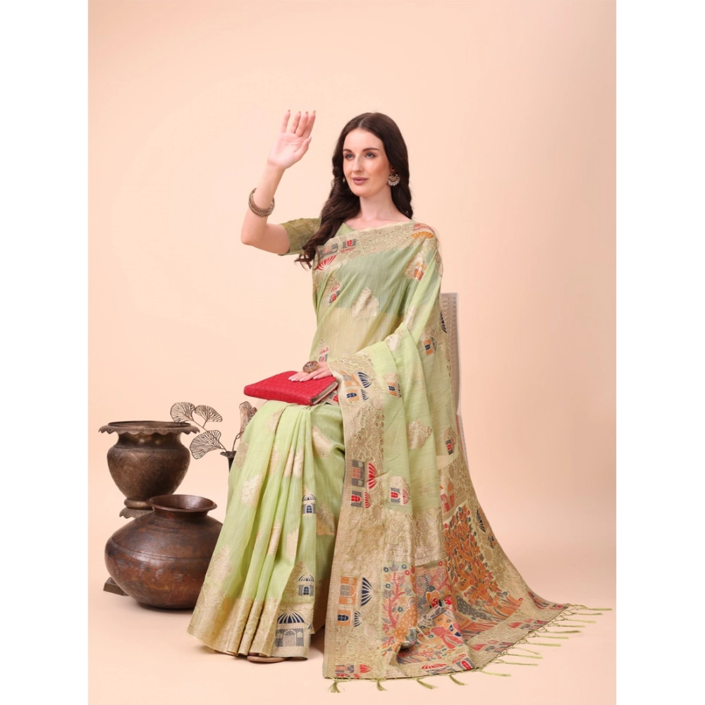Generic Women's Linen Cotton Printed Saree With Unstitched Blouse 5.5Mtr (Light Green) - Image 3
