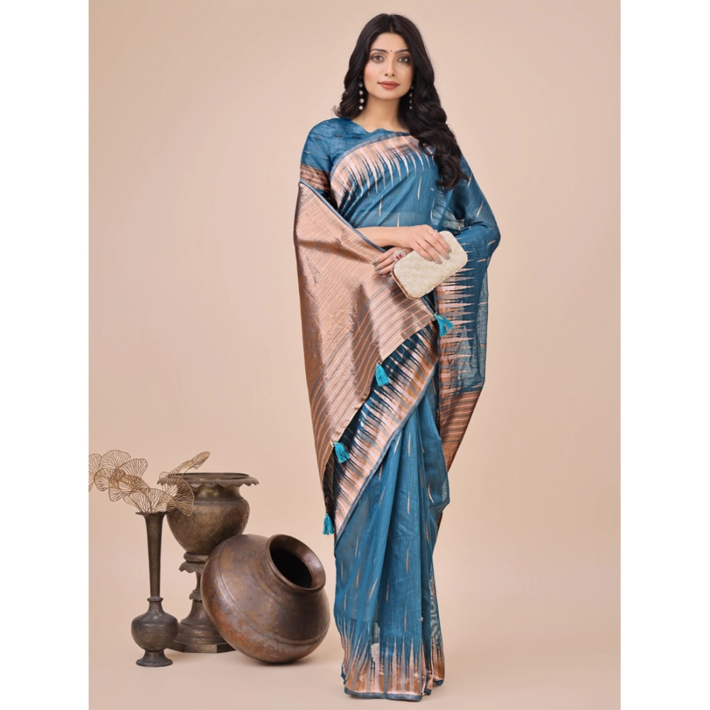 Generic Women's Linen Cotton Printed Saree With Unstitched Blouse 5.5Mtr (Blue) - Image 3
