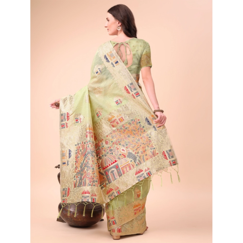 Generic Women's Linen Cotton Printed Saree With Unstitched Blouse 5.5Mtr (Light Green) - Image 2