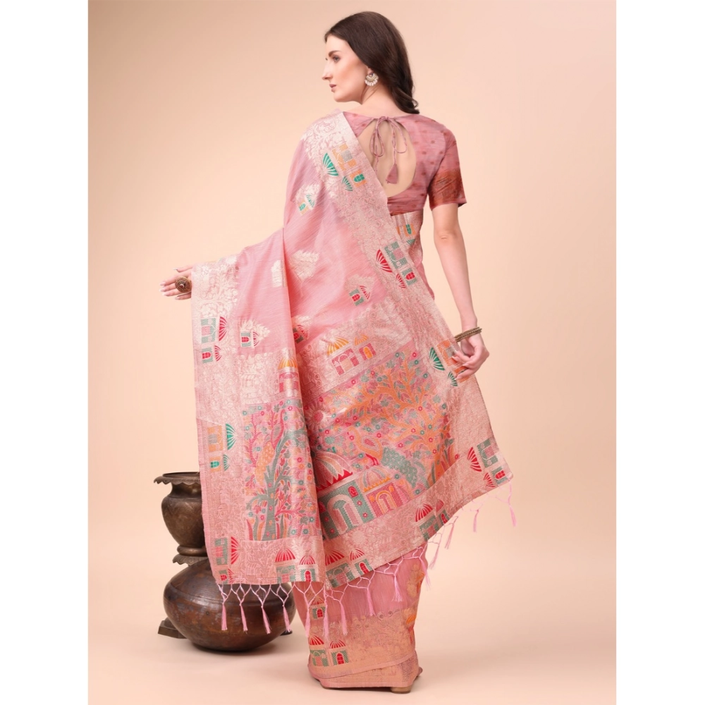 Generic Women's Linen Cotton Printed Saree With Unstitched Blouse 5.5Mtr (Pink) - Image 2