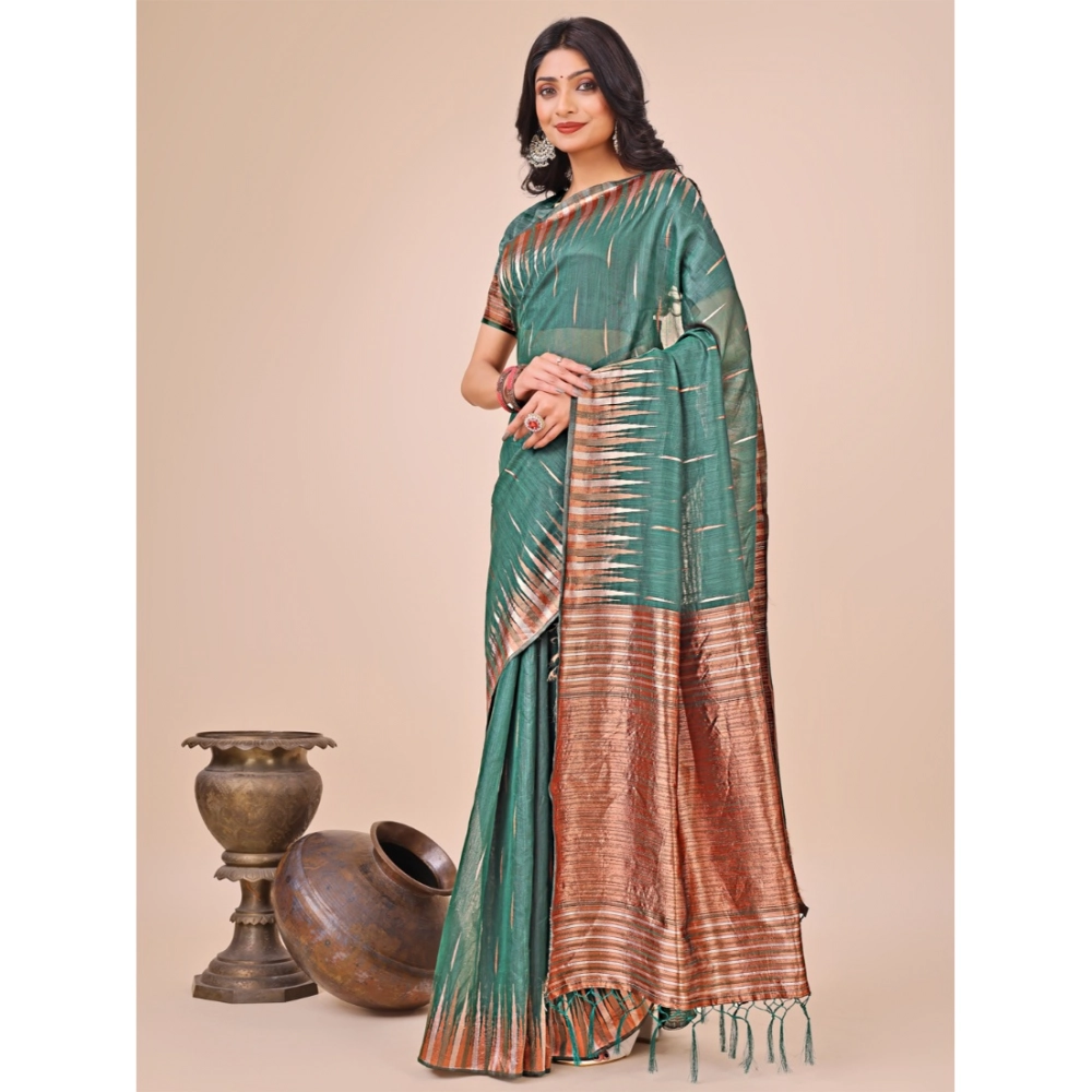 Generic Women's Linen Cotton Printed Saree With Unstitched Blouse 5.5Mtr (Green) - Image 3