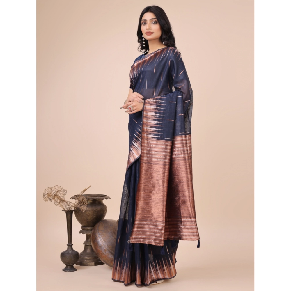 Generic Women's Linen Cotton Printed Saree With Unstitched Blouse 5.5Mtr (Navy Blue) - Image 3