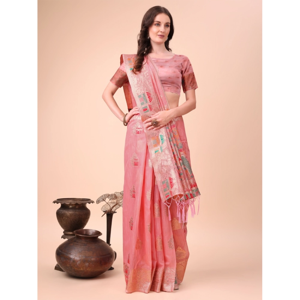 Generic Women's Linen Cotton Printed Saree With Unstitched Blouse 5.5Mtr (Pink) - Image 3