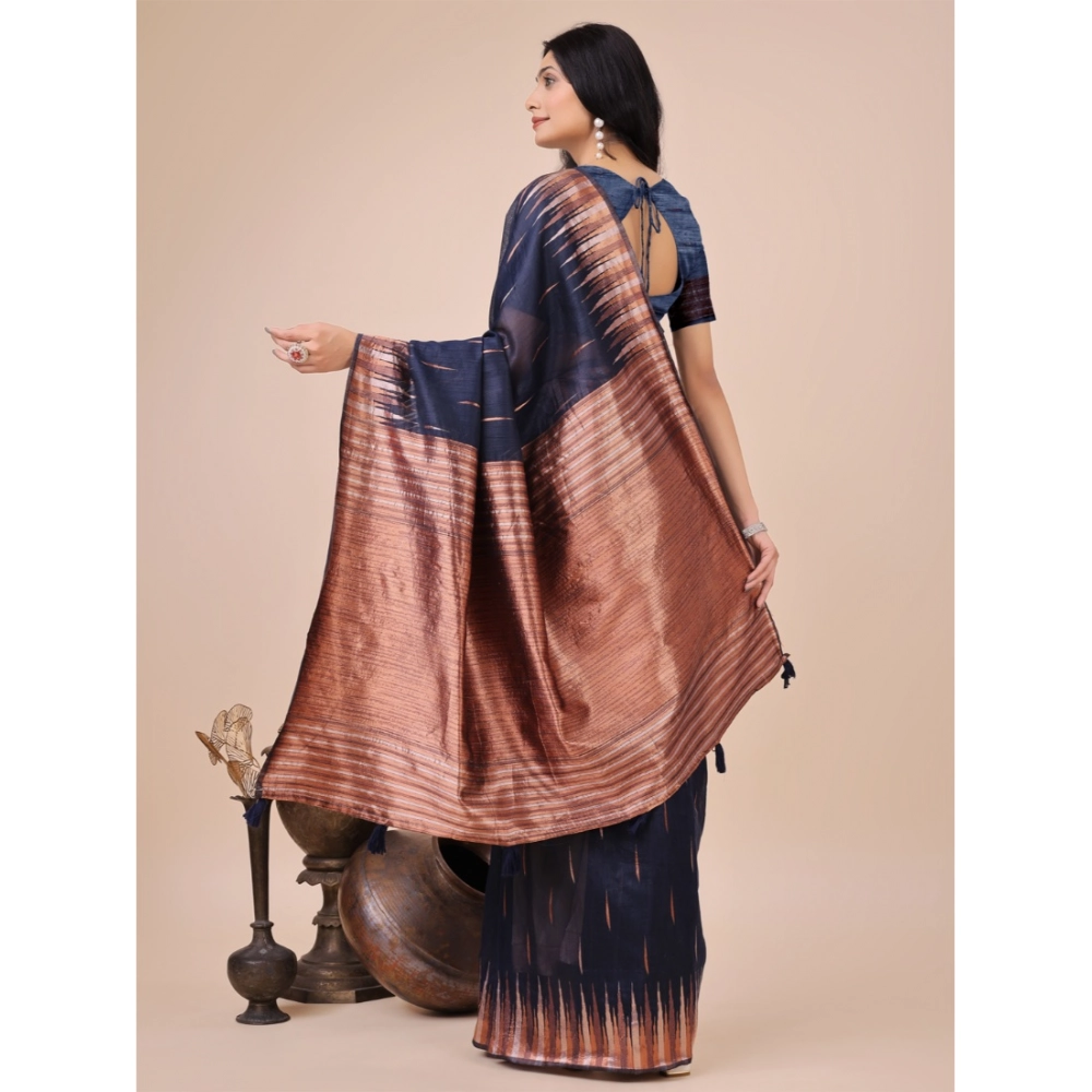 Generic Women's Linen Cotton Printed Saree With Unstitched Blouse 5.5Mtr (Navy Blue) - Image 2