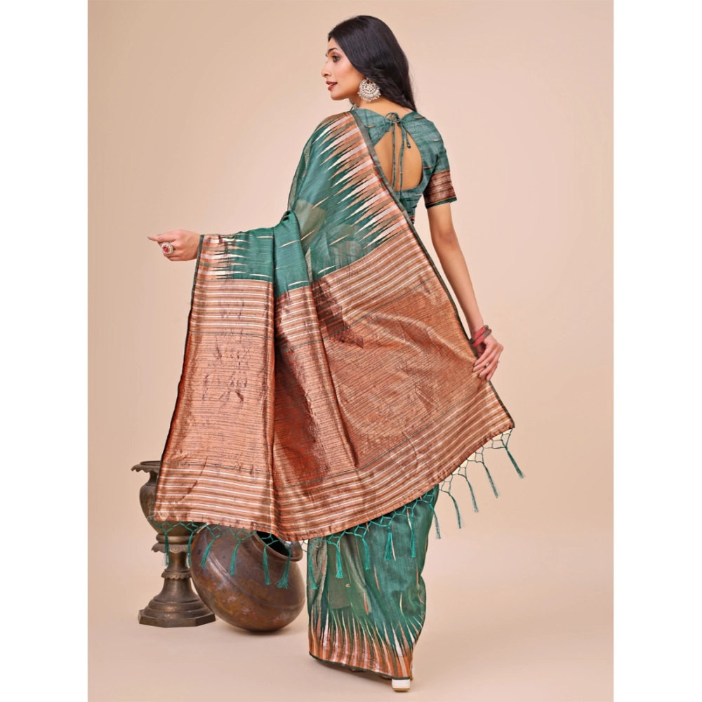 Generic Women's Linen Cotton Printed Saree With Unstitched Blouse 5.5Mtr (Green) - Image 2