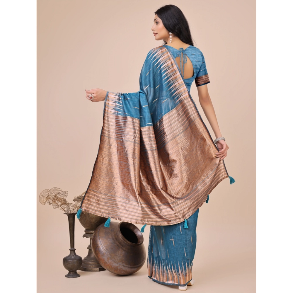 Generic Women's Linen Cotton Printed Saree With Unstitched Blouse 5.5Mtr (Blue) - Image 2