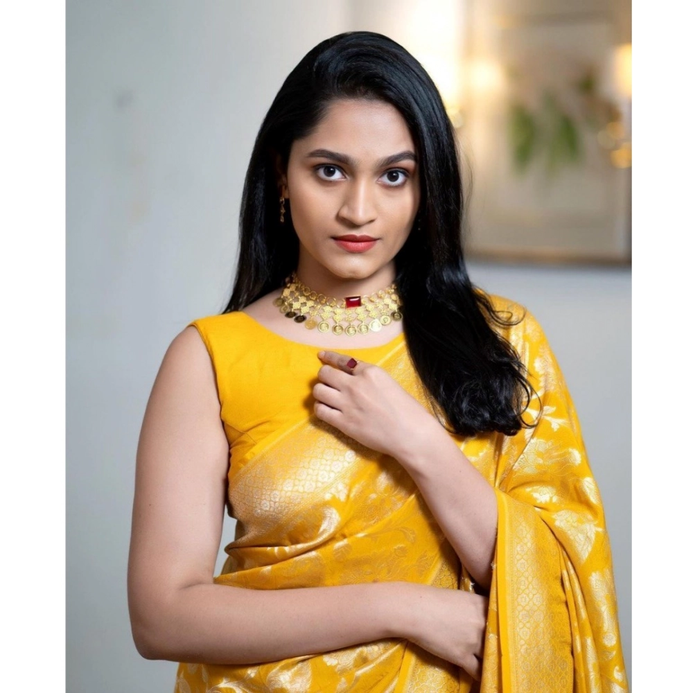 Generic Women's Silk Printed Saree With Unstitched Blouse 5.5Mtr (Yellow) - Image 2