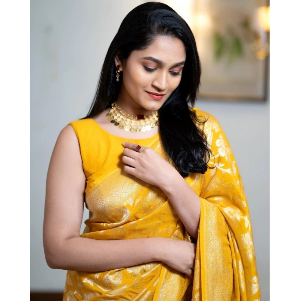Generic Women's Silk Printed Saree With Unstitched Blouse 5.5Mtr (Yellow) - Image 3