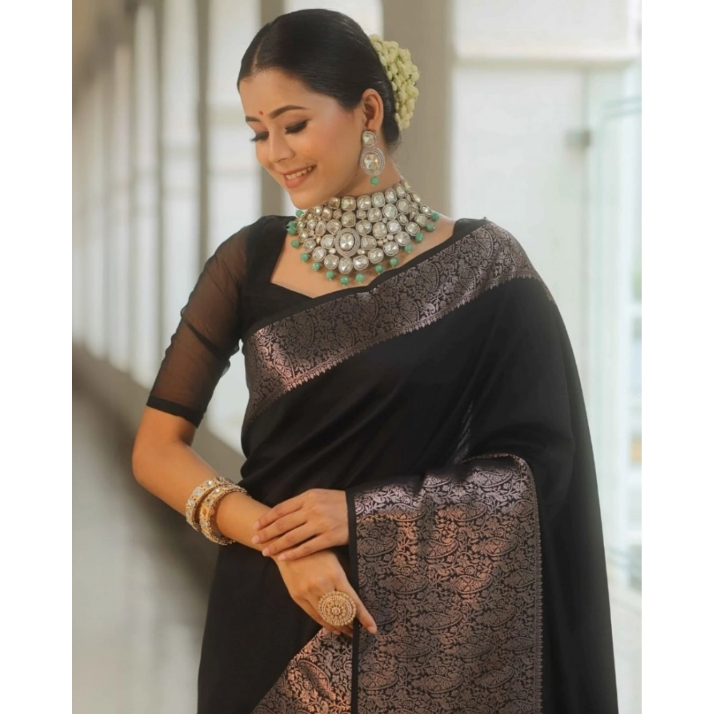 Generic Women's Silk Printed Saree With Unstitched Blouse 5.5Mtr (Black) - Image 2