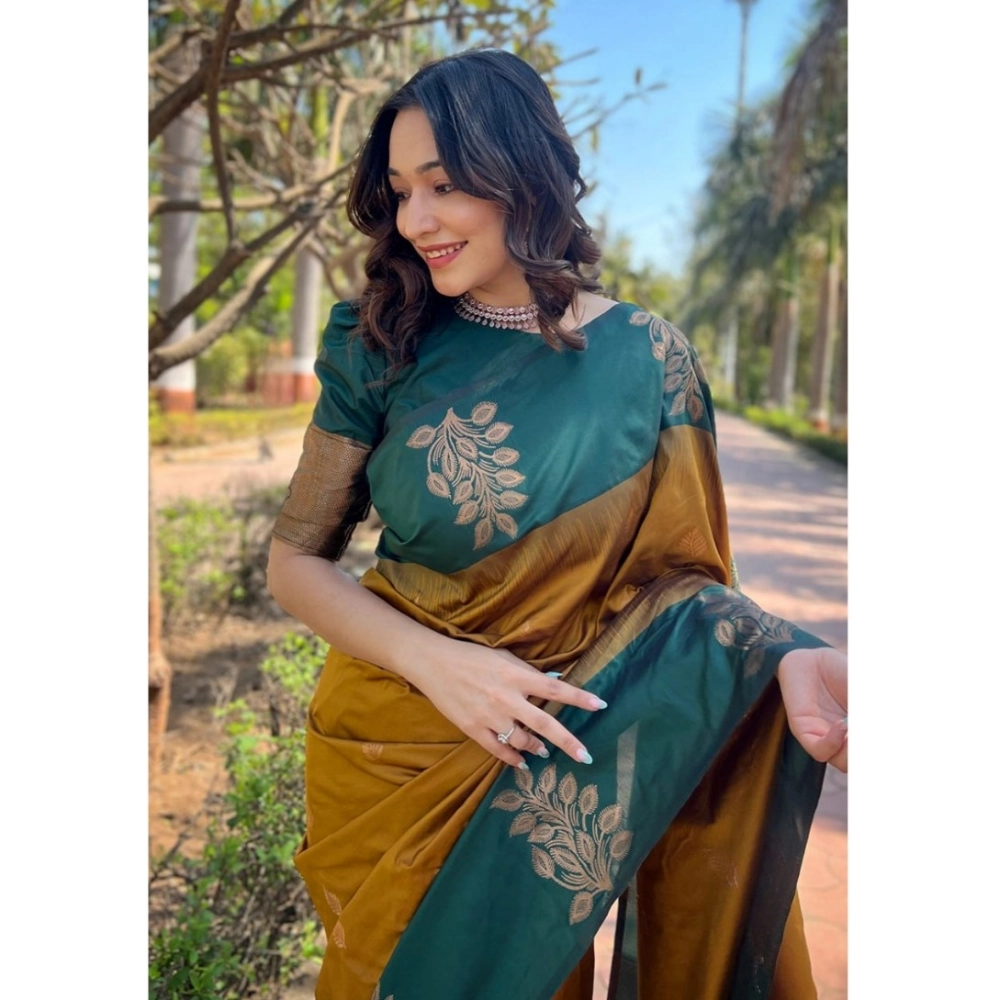 Generic Women's Silk Printed Saree With Unstitched Blouse 5.5Mtr (Yellow) - Image 3