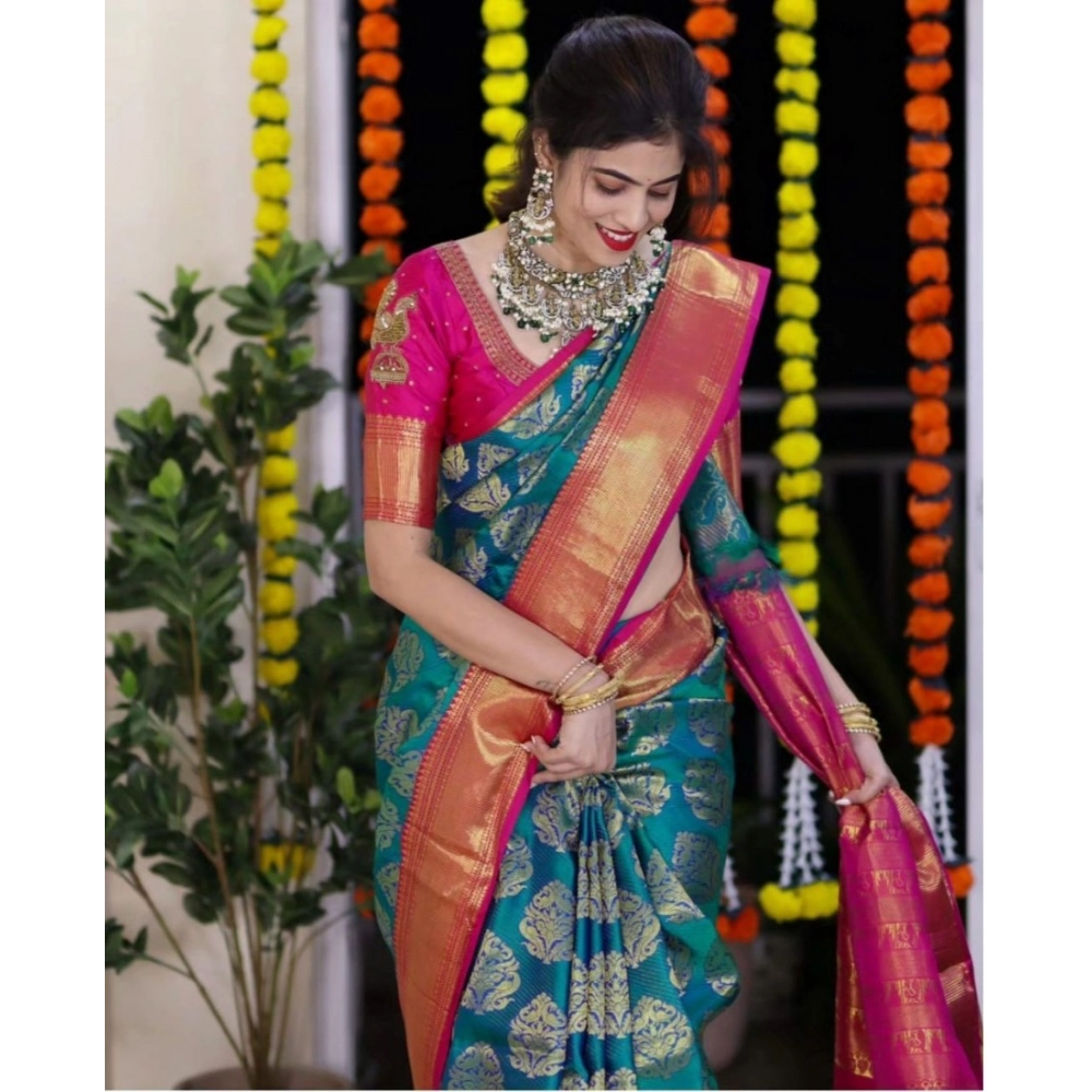 Generic Women's Silk Printed Saree With Unstitched Blouse 5.5Mtr (Teal Blue) - Image 3