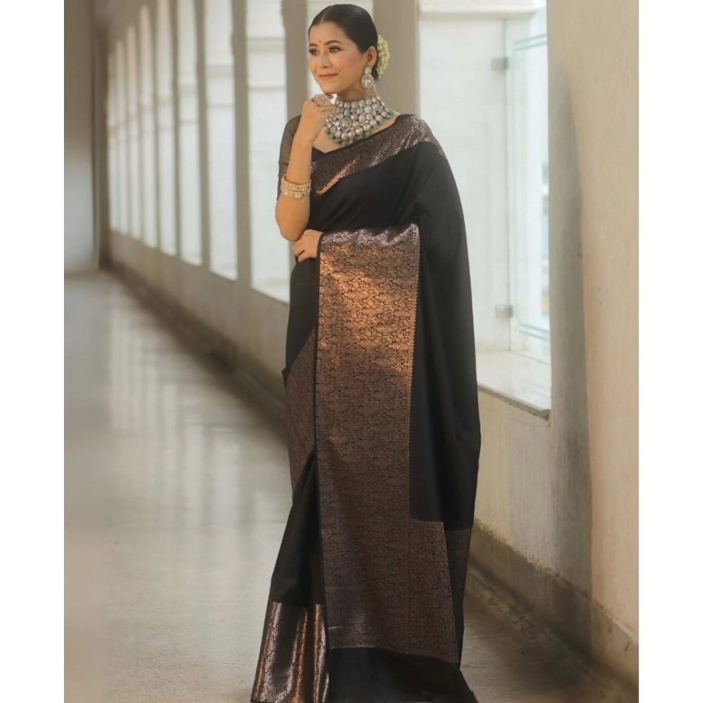 Generic Women's Silk Printed Saree With Unstitched Blouse 5.5Mtr (Black) - Image 3