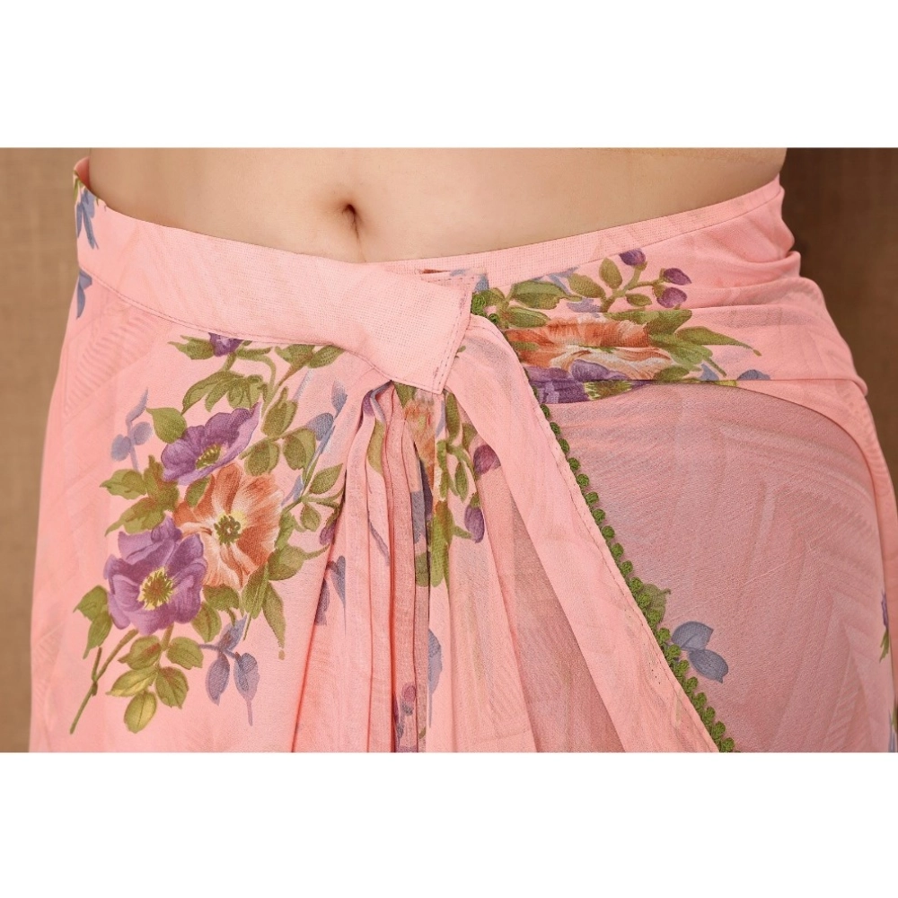 Generic Women's Small Lace Georgette Printed Ready-to-Wear Saree With Unstitched Blouse 5.5 Mtr (Peach) - Image 3