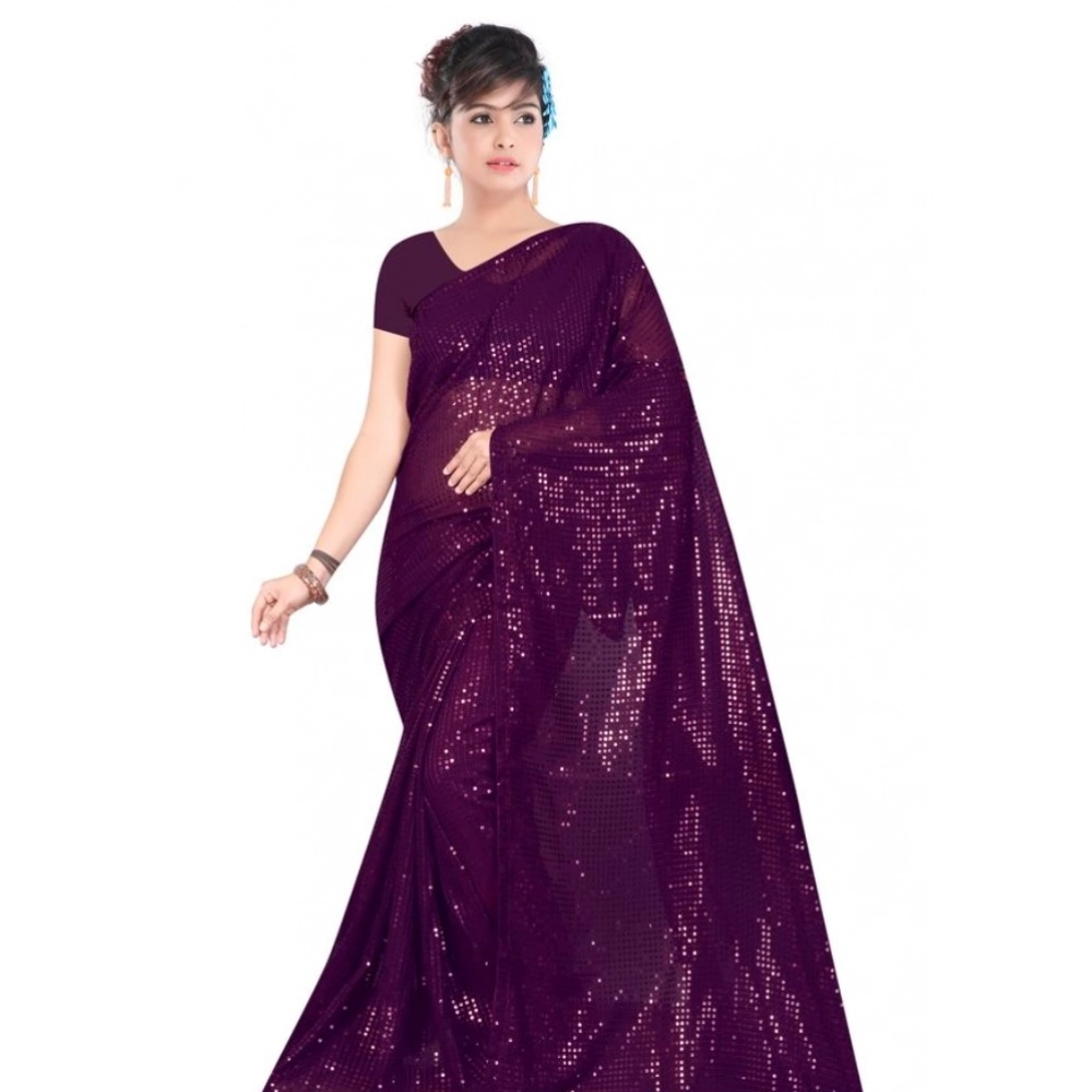 Generic Women's Georgette Embellished Sequnece Bollywood Saree With Unstitched Blouse 5.5Mtr (Purple)