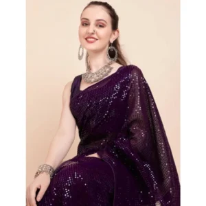 Generic Women's Georgette Embellished Sequnece Bollywood Saree With Unstitched Blouse 5.5Mtr (Purple)