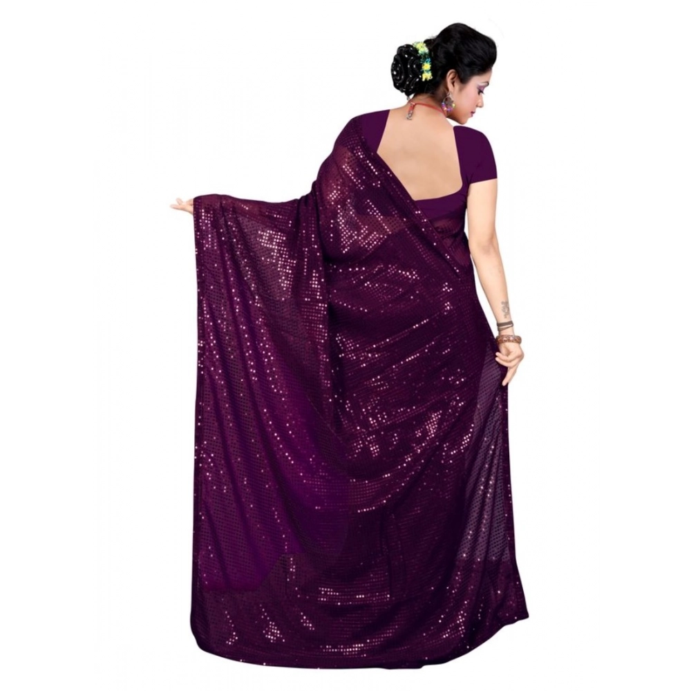 Generic Women's Georgette Embellished Sequnece Bollywood Saree With Unstitched Blouse 5.5Mtr (Purple) - Image 2