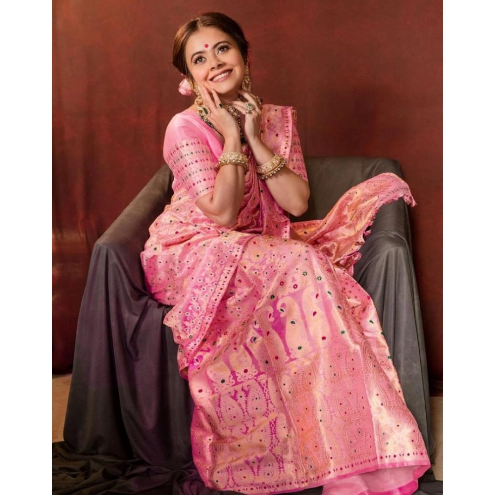 Generic Women's Soft Lichi Silk Printed Saree With Unstitched Blouse 5.5Mtr (Pink) - Image 4