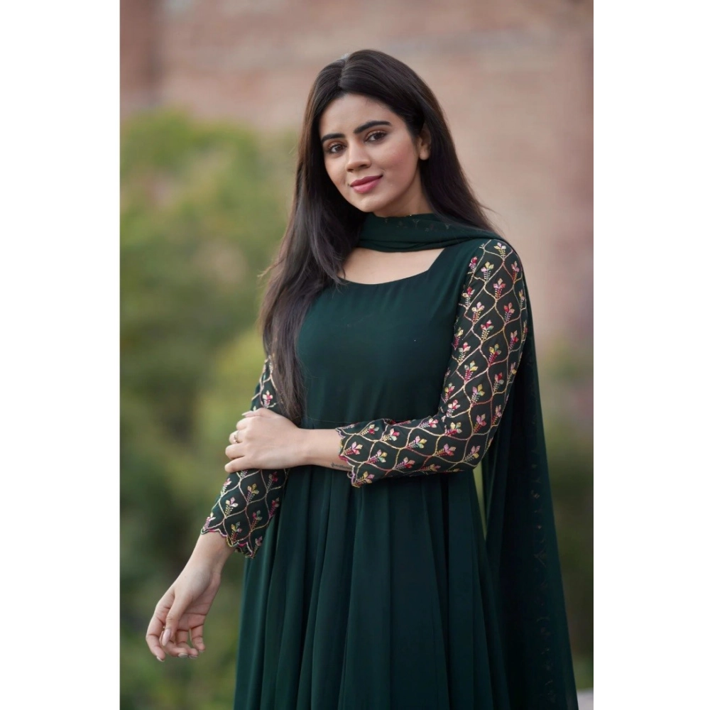 Generic Women's Georgette Embroidery 3-4th Sleeve Round Neck Kurti with Dupatta Set (Green) - Image 2