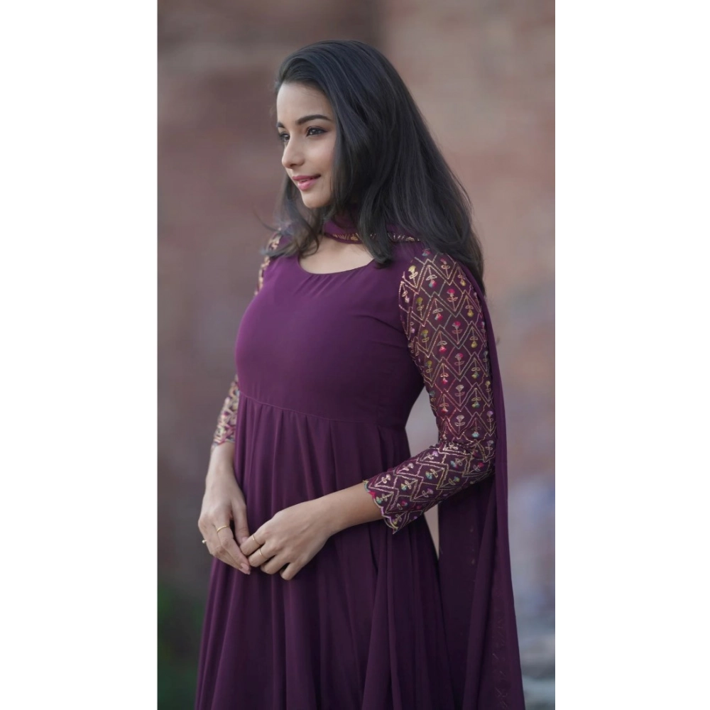 Generic Women's Georgette Embroidery 3-4th Sleeve Round Neck Kurti with Dupatta Set (Wine) - Image 2