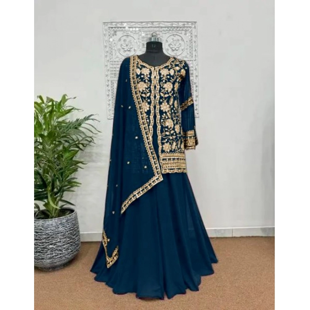 Generic Women's Georgette Embroidery 3-4th Sleeve V-Neck Kurti, Palazzo And Dupatta Set (Morpich) - Image 2