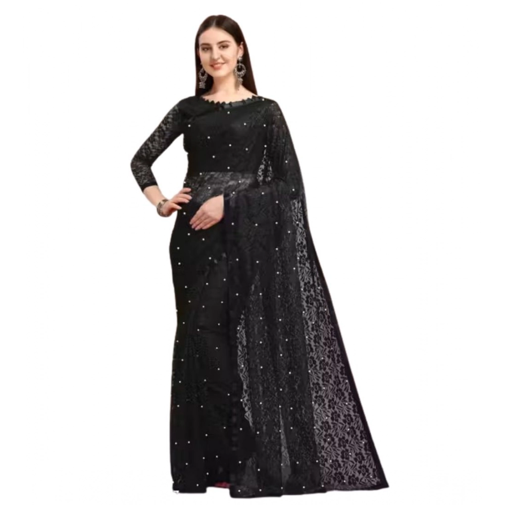 Generic Women's Net Self Design Saree With Unstitched Blouse 5.5Mtr (Black) - Image 2