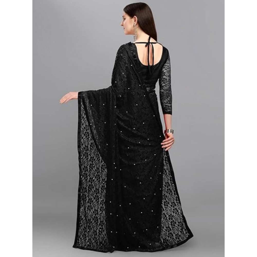 Generic Women's Net Self Design Saree With Unstitched Blouse 5.5Mtr (Black) - Image 4