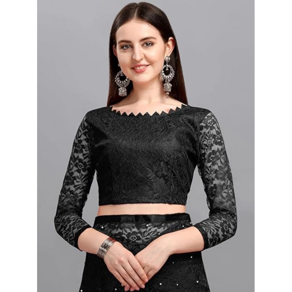 Generic Women's Net Self Design Saree With Unstitched Blouse 5.5Mtr (Black) - Image 3