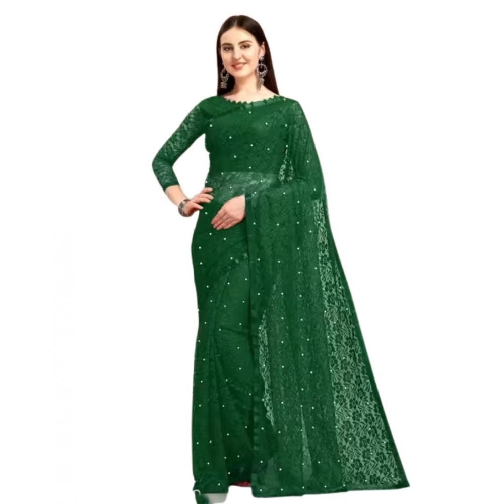 Generic Women's Net Self Design Saree With Unstitched Blouse 5.5Mtr (Green) - Image 2