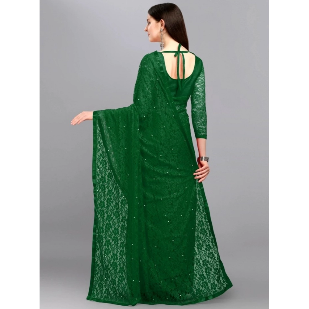 Generic Women's Net Self Design Saree With Unstitched Blouse 5.5Mtr (Green) - Image 4