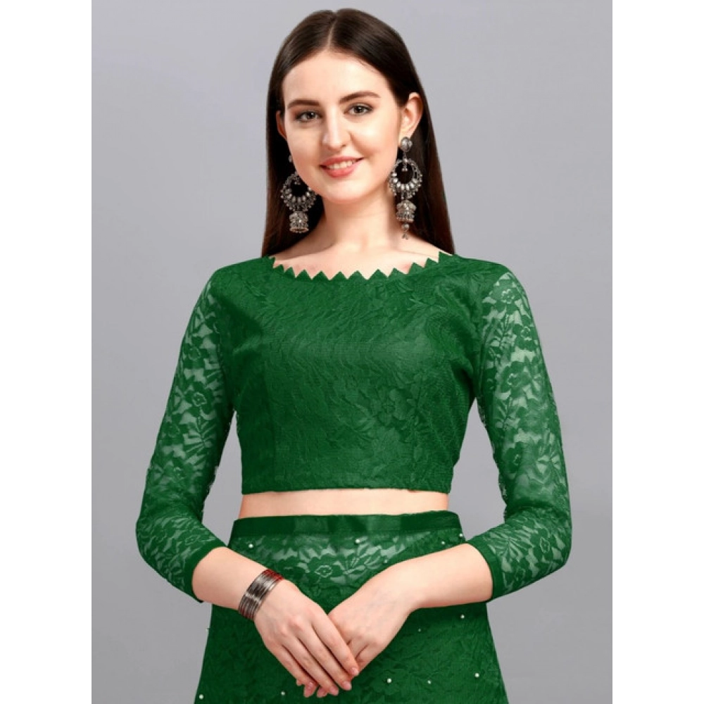Generic Women's Net Self Design Saree With Unstitched Blouse 5.5Mtr (Green) - Image 3