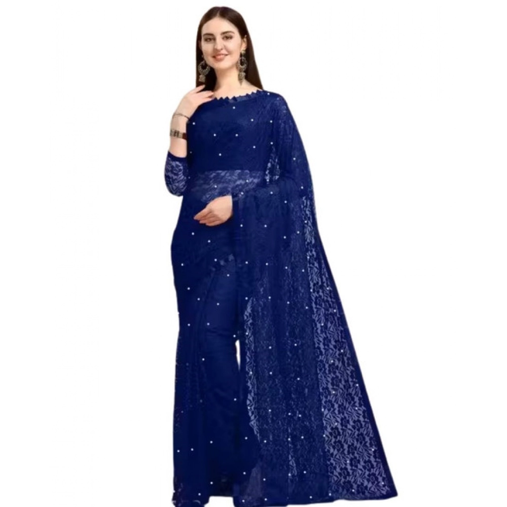 Generic Women's Net Self Design Saree With Unstitched Blouse 5.5Mtr (Navy Blue) - Image 2