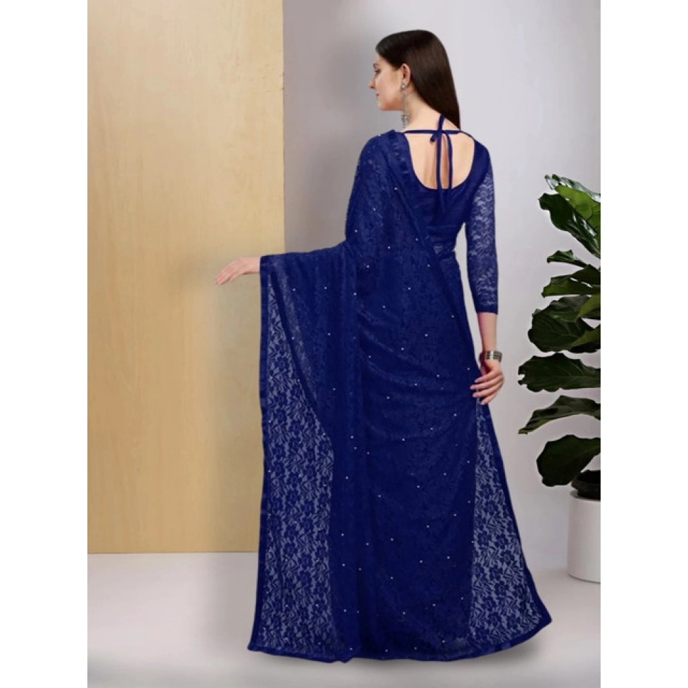 Generic Women's Net Self Design Saree With Unstitched Blouse 5.5Mtr (Navy Blue) - Image 4