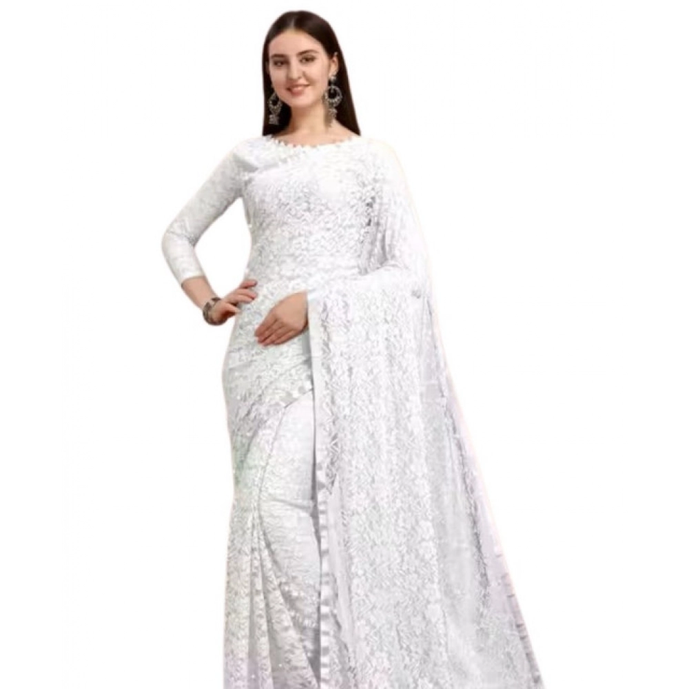 Generic Women's Net Self Design Saree With Unstitched Blouse 5.5Mtr (White) - Image 2