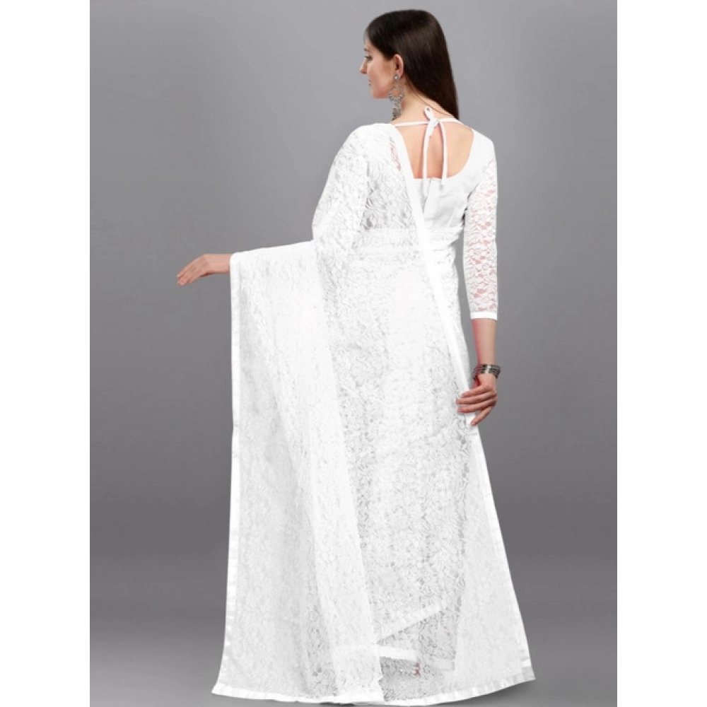 Generic Women's Net Self Design Saree With Unstitched Blouse 5.5Mtr (White) - Image 4