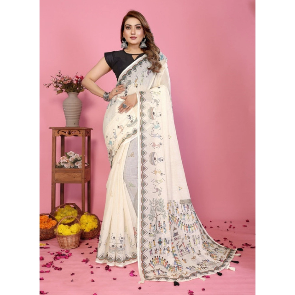 Generic Women's Linen Cotton Printed Saree With Unstitched Blouse 5.5Mtr (Off White) - Image 5