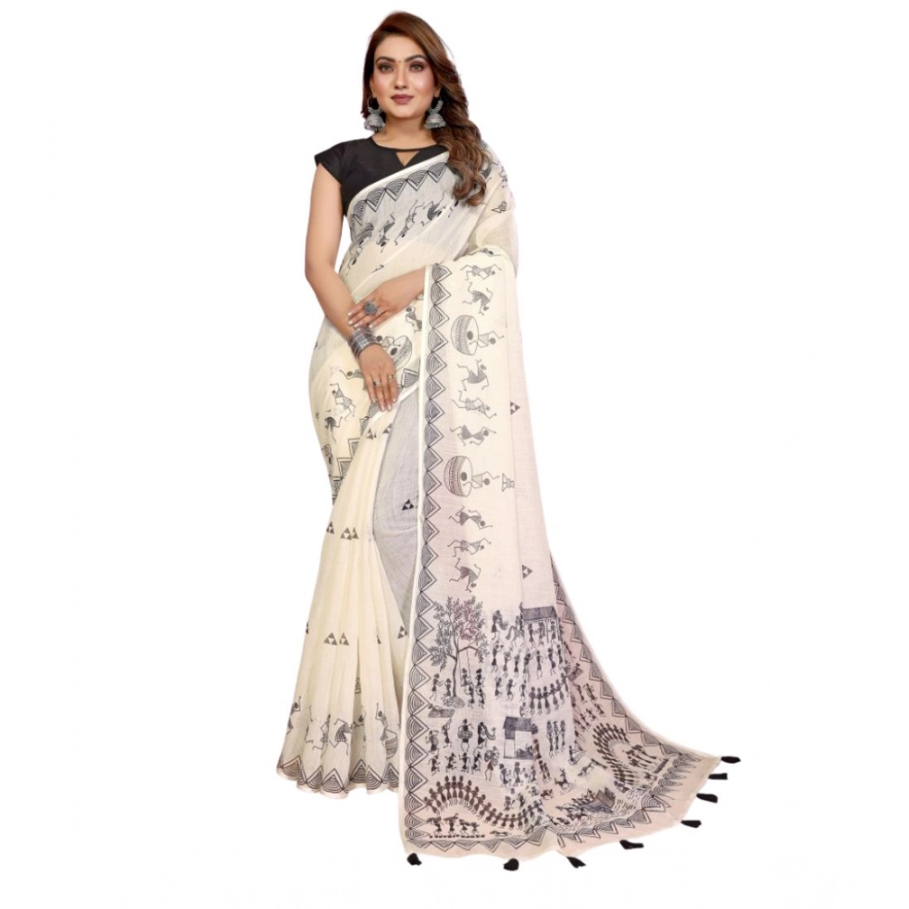 Generic Women's Linen Cotton Printed Saree With Unstitched Blouse 5.5Mtr (Off White) - Image 2
