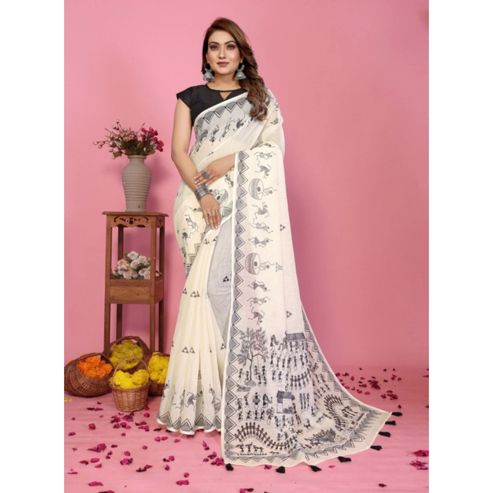 Generic Women's Linen Cotton Printed Saree With Unstitched Blouse 5.5Mtr (Off White) - Image 5