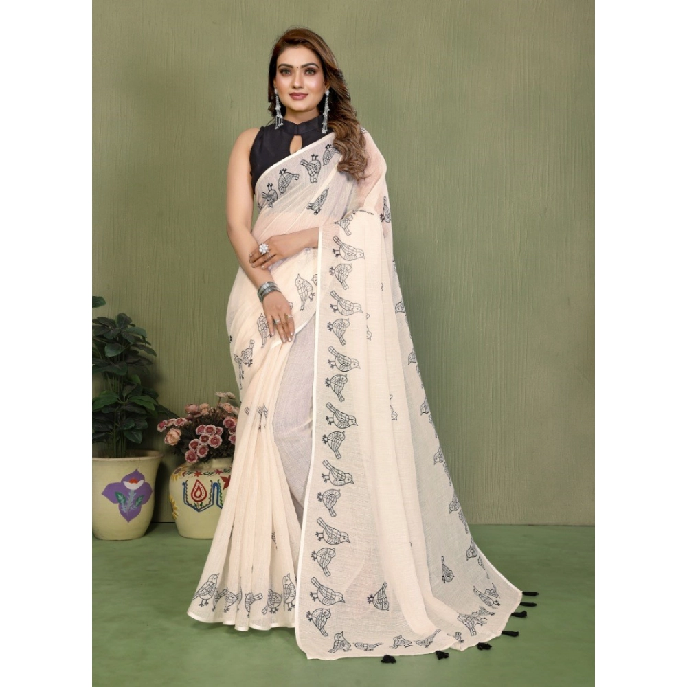 Generic Women's Linen Cotton Printed Saree With Unstitched Blouse 5.5Mtr (Off White) - Image 5